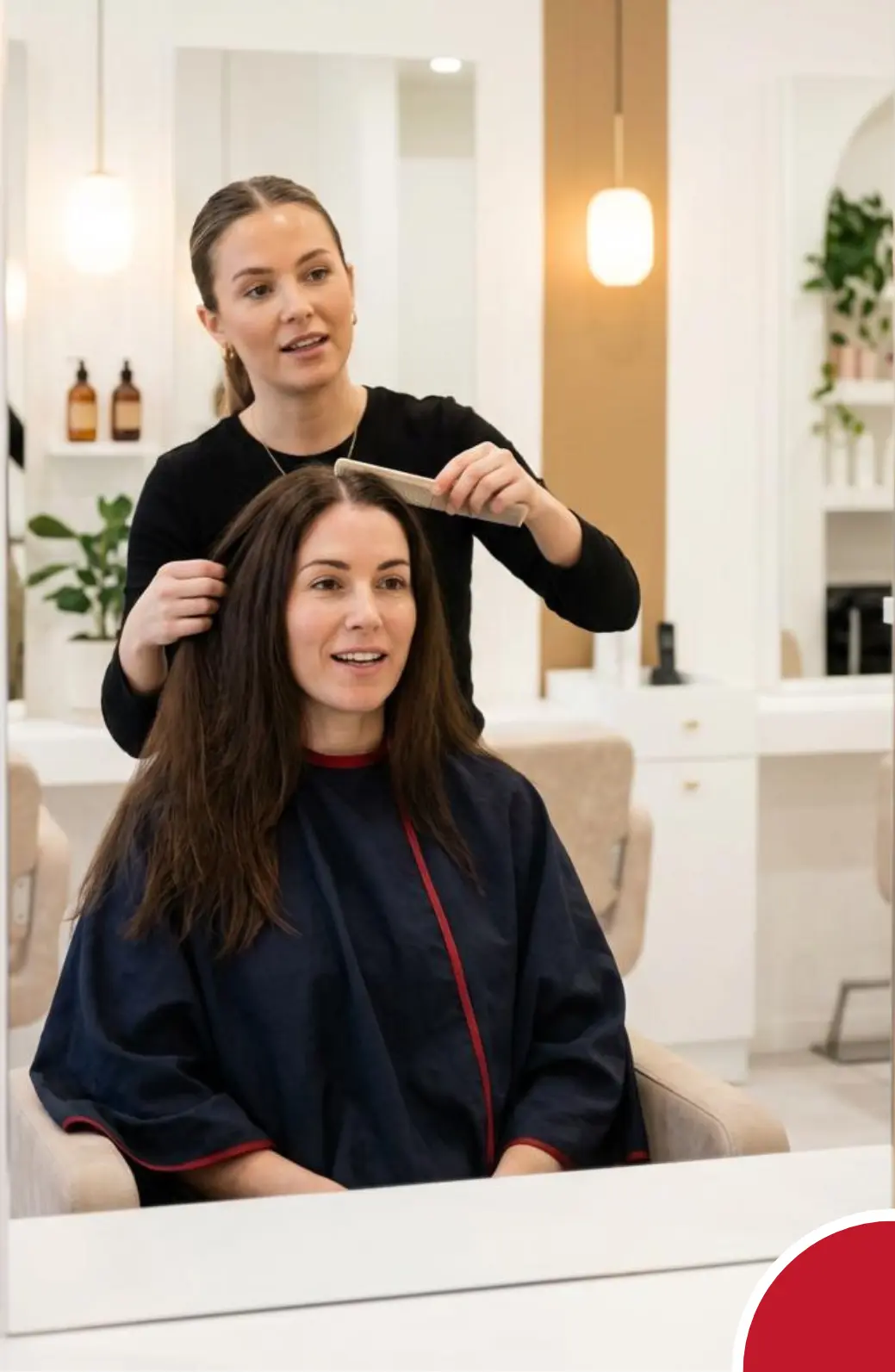 Woman with slight thinning at her middle part as a stylist gently combs her hair in a bright, modern salon