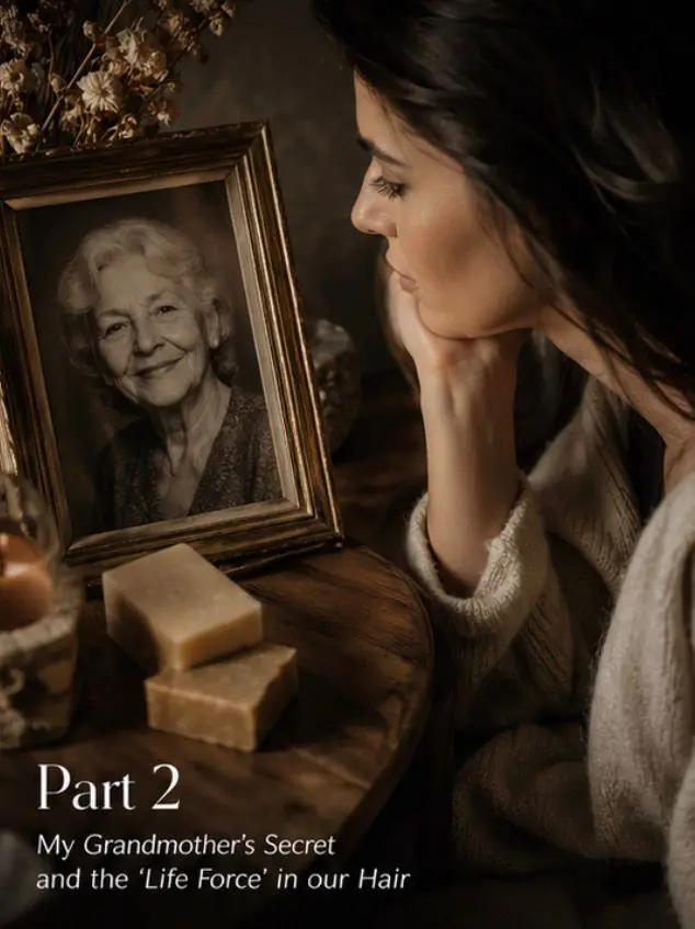 Woman sitting at her dressing table looking in the mirror, reflecting on her grandmother’s advice while gazing at her photo on the table