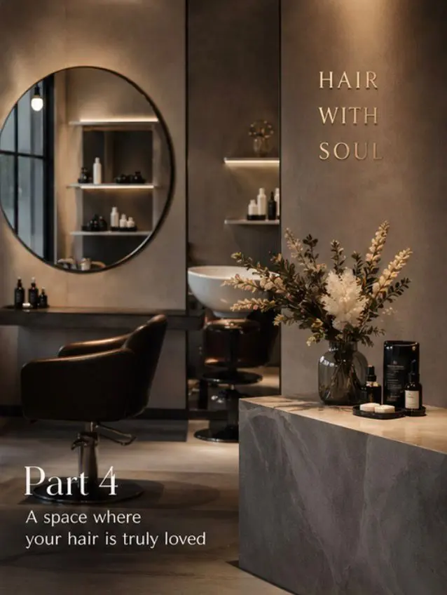 Holistic hair salon interior with calming décor, natural products, scalp care tools, and a relaxed wellness-focused atmosphere for hair care and emotional wellbeingle